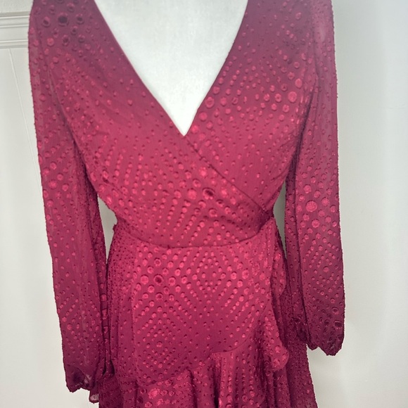 Altar’d State Chic Red Wrap Dress with Ruffled Hem and Bishop Sleeves Size M - Picture 2 of 7